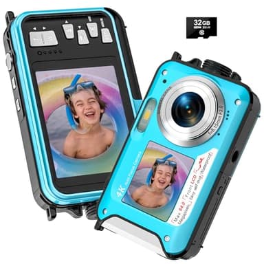 Yifecial 4K Underwater Camera 64MP Autofocus 16FT Waterproof Camera Dual-Screen Selfie 16X Underwater Camera for Snorkeling Waterproof Compact Floatable Digital Camera with 32GB Card,Blue