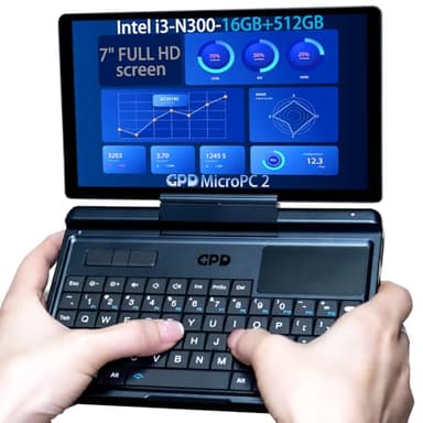 LANRUO GPD MicroPC 2 [ I3-N300-16GB+512GB ] 7" 1080P Display Portable Mini Laptop Tablet PC Computer Win 11 Home OS with 2.5G Ethernet, USB-C, HDMI 2.1, Wi-Fi 6, BT 5.2 Black