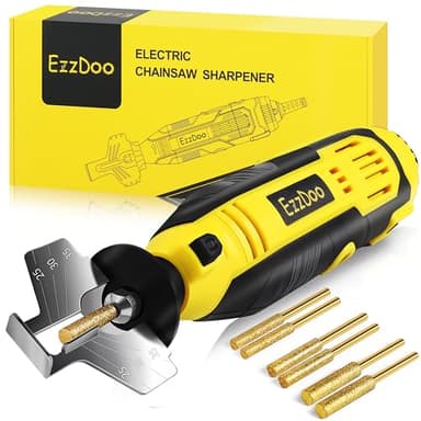 EzzDoo Electric Chainsaw Sharpener Kit with TITANIUM-COATED Diamond Bits - High-Speed Chain saw Sharpener Tool and 6 High Hardness Sharpening Wheels For All Chainsaw Chains.