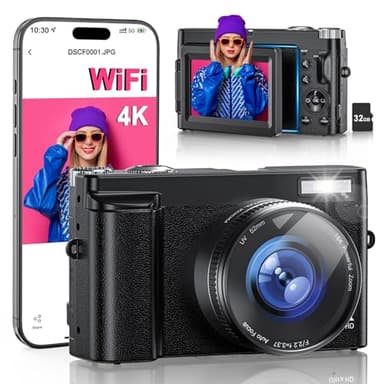 4K Digital Camera for Photography, WiFi 64MP 180° Flip Screen 3" Autofocus Vlogging Camera for YouTube, 16X Zoom Compact Point and Shoot Cameras for Beginner with 32GB Card, 2 Batteries