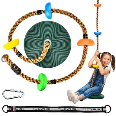 HeyZoo Tree Swing for Kids 330LB Capacity, Climbing Rope with Platforms and Disc Swing Seat Set Outdoor Backyard Playground Accessories with Carabiners and Thickened Strap, Green