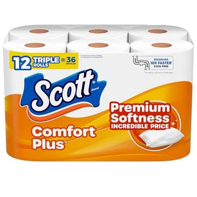 Scott ComfortPlus Toilet Paper, 12 Triple Rolls, 231 Sheets per Roll, Septic-Safe, 1-Ply Toilet Tissue (Packaging May Vary)