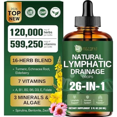 Migcopat 26-in-1 Liposomal Lymphatic Drainage Drops, Echinacea, Turmeric, Elderberry, Dandelion, Vitamins and Mullein Drops for Lungs, Lymphatic, Immune Support, Liver Cleanse Detox & Repair, 2 fl oz