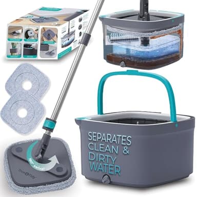 True & Tidy True Clean Spin Mop & Bucket System – Dual Compartment Design for Clean & Dirty Water, 360° Swivel Mop Head, Built-in Scrubbing Brush, Stainless Steel Handle & 2 Reusable Microfiber Pads