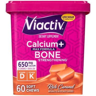 Viactiv Calcium + Vitamin D Supplement Soft Chews for Women & Men - Chewable Calcium for Bone Health Support, 650 mg per Serving, Vitamin D & K for High Absorption - 60 Count, Caramel