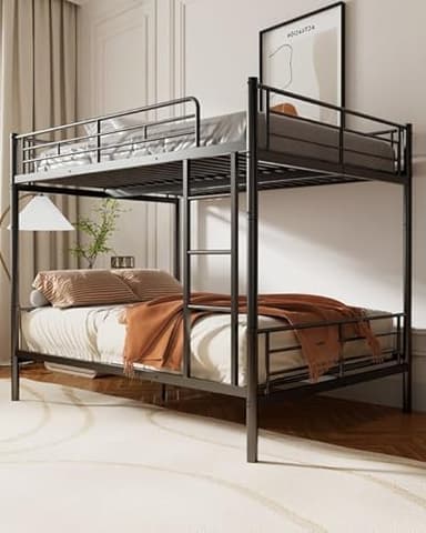 Mixcous Full Over Full Metal Bunk Bed for Adults & Kids, Convertible to 2 Separate Full Size Beds, Heavy Duty Bunk Bed Frame with Full-length Guardrail & EVA Padded Ladder, No Box Spring Needed, Black