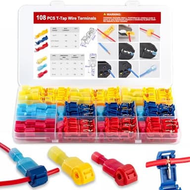 Haozher 108 Pcs T-Tap Wire Connectors Kit, Quick Splice Self-Stripping Electrical Wire Terminals, Nylon Fully Insulated Male Quick Disconnects for Automotive Wiring (22-10 AWG)
