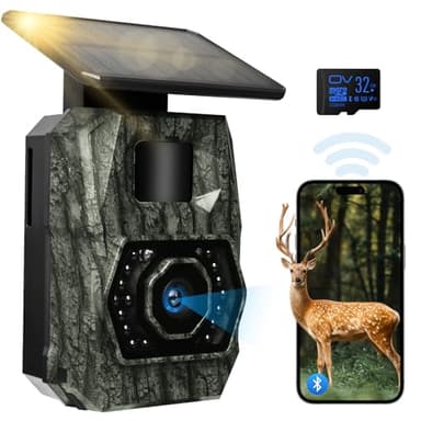 MAXDONE Solar Trail Camera WiFi Bluetooth - 48MP 30fps Game Camera with 5200mAh Rechargeable Battery, 0.1s Trigger Speed Motion Activated Trail Cam IP66 with 32GB TF Card for Wildlife Monitoring