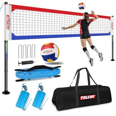 TELURY Heavy Duty Professional Volleyball Net Set Aluminum Poles, 32 ft Regulation Portable for Outdoor Backyard Beach, Anti-Sag, Adjustable Height & Length with Carry Bag (Red and Blue)