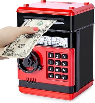 Refasy Kid Bank Safe ATM Piggy Bank for Kids Age 3-12, Cash Piggy Banks ATM Money Bank Kids Safe Coin Banks Money Safe, Birthday Xmas Gifts Toys for 3 4 5 6 7 8 9 10 12 Year Old Boys Girls (Red)
