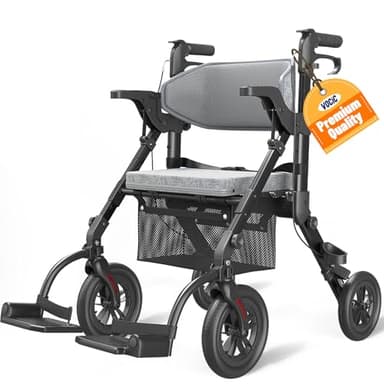 VOCIC Rollator-Walkers-for-Seniors-with-Seat, Walker Wheelchair Combo, Transport-Wheelchair-Lightweight-Foldable, Adult Walkers All Terrain, 2 in 1 Rolling Walker Chair with Brakes & Pouch