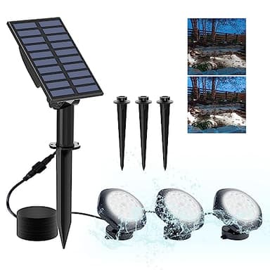 CREPOW Solar Pond Lights, 18 LED Super Bright Underwater Spotlights LED Submersible Pond Light IP68 Waterproof Fountain Lights for Fish Aquarium Tank Garden Yard Pool Decor Cold White (3-in-1)