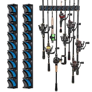 PLUSINNO 2 pack Vertical Fishing Rod rack, Wall Mounted Fishing Rod holder, 2 Packs Fishing Pole Holders Hold Up to 18 Rods or Combos, Fishing rod holders for garage, Fishing Gear and Gifts for Men
