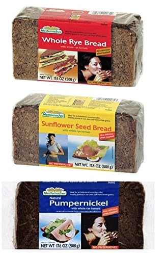 Mestemacher Natural High Fiber Bread 3 Flavor Variety Bundle: (1) Whole Rye, (1) Pumpernickel, and (1) Sunflower Seed, 17.6 Oz. Ea. (3 Total)