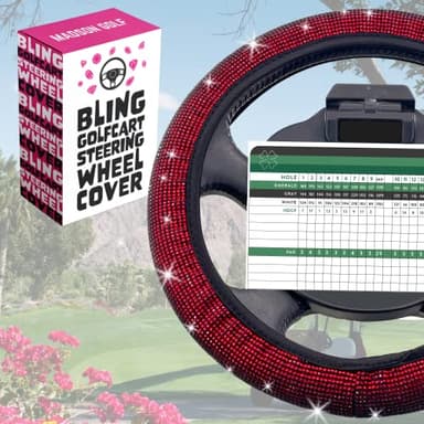 Universal Colorful Bling Crystal Diamond Rhinestones Golf Cart Steering Wheel Cover fits Club Car, Yahama, EZGO, Anti Slip Cover Easy to Install, Great Gifts for Golfer Women Womens (Red Diamond)