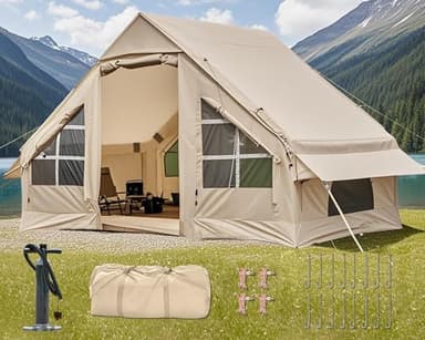 Inflatable Camping Tent with Pump, 4-6 Person Glamping Tents Sun Shelter, Easy Setup Waterproof Outdoor Oxford Tents, Self-Supporting Structure Inflatable House Tent