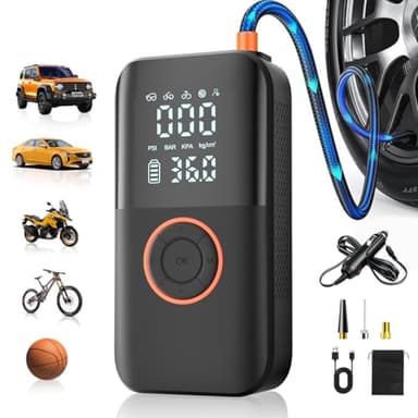 Tire Inflator Portable Air Compressor, 150PSI Cordless Tire Pump, 12V DC & Battery Dual Power, Auto Shut-Off Air Pump for Car, Motorcycle, Bike, Ball - LED Light & Digital Display, Car Gifts for Men