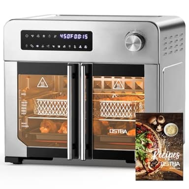 OSTBA French Door Air Fryer Toaster Oven Combo, 24 QT Extra Large Capacity 10-in-1 Airfryer Oven, 30% Faster 90% Less Oil, 102 Recipes & 7 Accessories, Stainless Steel