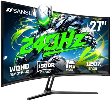 SANSUI 27 Inch Curved Gaming Monitor 240Hz, 2K WQHD 1500R Curved Computer Monitor, 120% sRGB, MPRT 1ms, Freesync, HDR, HDMI*2, DP1.4 * 2,VESA(100 * 100mm)