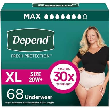 Depend Fresh Protection Adult Diapers, Incontinence & Postpartum Bladder Leak Underwear for Women, Disposable, Maximum, Extra-Large, Blush, 68 Count (2 Packs of 34), Packaging May Vary
