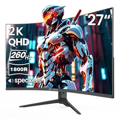 CRUA 27'' Curved Gaming Monitor 260Hz/240Hz, QHD 1440P 1800R VA Panel Computer Monitor with Built-in Speakers, Support AMD FreeSync, 120% sRGB, Blue Light Filter, HDMI2.0 & DP1.4, Wall Mountable-Black