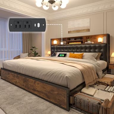 EnHomee King Size Bed Frame with 4 Storage Drawers, King Bed Frame and Headboard Built in Charging Station, No Noise, No Box Spring Needed, Vintage Brown