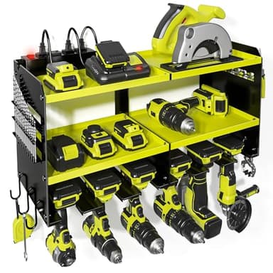 Spampur Power Tool Organizer, 15 Min Quick Assembly & Max 420lb Load by Heavy Duty Metal, 6 Slots for Cordless Drill with 4 Outlet Power Strip in Garage/Workshop/Suitable for Thanksgiving/Christmas