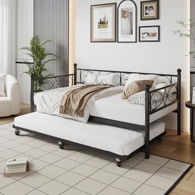IDEALHOUSE Twin Daybed with Trundle, Metal Trundle Bed, Sofa Bed Frame, Heavy Duty Metal Slats, for Living Room, Bedroom, Guest Room, Space Saving, Black