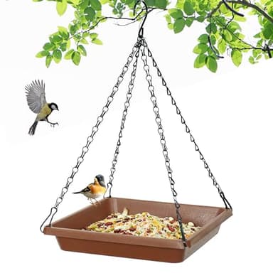 Large Hanging Bird Feeder Tray, Platform Spacious Birds Feeder with Mesh Tray, Sturdy and Drainage Bird Feeder for Bluebirds Cardinals Goldfinches (8.5 inch, Brown)
