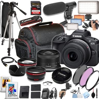 Canon EOS R100 24.2MP APS-C CMOS Sensor Mirrorless Camera with 18-45mm Lens, 128GB Extreme Speed Memory, Video Light, Microphone, Grip, Filters, Lenses, Case, Software, More (Premium Bundle) (Renewed)
