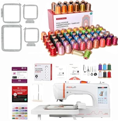 Poolin EOC06 Embroidery Machine +80 Colors Embroidery Threads+144pcs Prewound Bobbins,Embroidery Machine for Home,Small Business 7.9x11 Inches