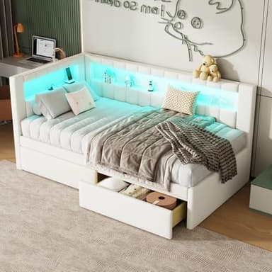 MKABAK Twin Size Daybed with Storage Drawers and L-Shaped Bookshelf Headboard, Linen Upholstered Soft Corner Bed with Shelves, Charging Station and LED Belt for Kids Boys Girls, White