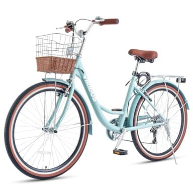 Viribus Womens Bike, 7 Speed Beach Cruiser Bike for Women, 26 inch Step Through Bicycle with Ratten Basket and Rack for City Commuting, Bicycle for Female Ladies Seniors Light Green 330 lb.