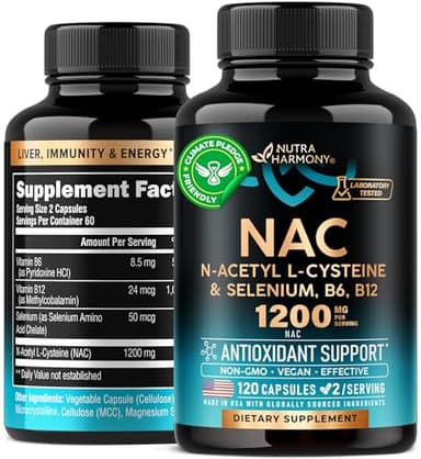 NAC Supplement | Selenium | B6 | B12 - Antioxidant, Immune Support - N Acetyl Cysteine 600 mg per Capsule, 1200 mg per Serving - Made in USA - Non-GMO, Gluten-Free, Vegan - 120 caps, 2 Month Supply