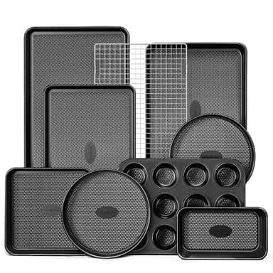 HONGBAKE 9-Piece Baking Pans Set Nonstick, Stackable Non Toxic Bakeware Sets with Diamond Texture, Oven Pan Set for Cooking, Includes Cookie Sheet with Rack, Cake Pan, Roasting Pan, Muffin Tin, Gray