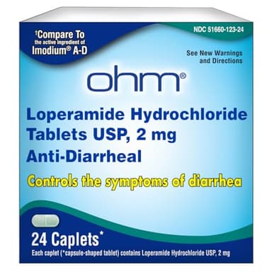 Ohm Loperamide Hydrochloride 2mg Caplets (24 Count) - Anti Diarrhea Medicine for Adults and Children, Effective Stomach Relief, Fast Acting Antidiarrheal Pills, Travel Essential (Pack of 1)