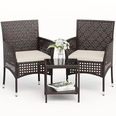 Devoko Patio Furniture Set 3 Pieces Outdoor Wicker Chairs Set of 2 with Coffee Table for Outside Porch Balcony (Brown)