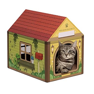 SEKAM Cardboard Cat House with Scratcher/Catnip, 16.5''L x 12''W x 15''H, Forest Cabin Cat Scratch, Customized Name Space for Indoor Cats