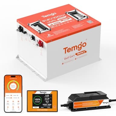 48V Lithium Golf Cart Battery Metal Case, TEMGO 51.2 Volt 100Ah LiFePO4 Battery, Built-in Bluetooth 200A BMS, Includes 56.8V 18A Charger, APP Monitor, Perfect for Golf Carts