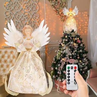 PEEKI Christmas Tree Topper, 12" Angel Treetop with Lights and Remote Control Timer, Christmas Tree Decoration for Holiday Ornament and Home Decor, Ivory and Gold