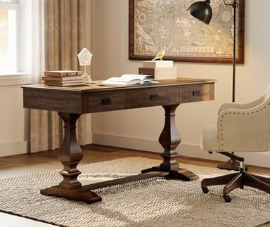 WAMPAT 60-inch Vintage Wood Home Office Desk with Stable Solid Wood Pedestral Legs, Tradional Rustic Executive Desk with Deep Drawers and Power Outlets for Office,Study,Dark Walnut Brown