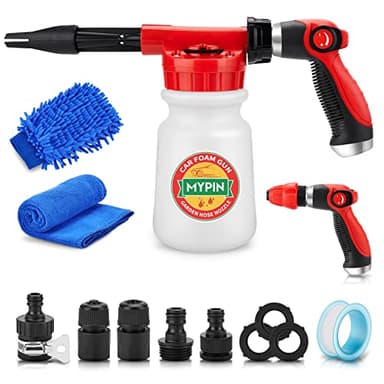 Car Wash Foam Gun/Hose Sprayer, 16 IN 1 Cannon, Adjustable with 2.5-6 Ratio Dial Foam Blaster, 1L Bottle, Nozzles, Mitten, 1/2” Quick Connector for Garden Hose, for Car/Garden Cleaning