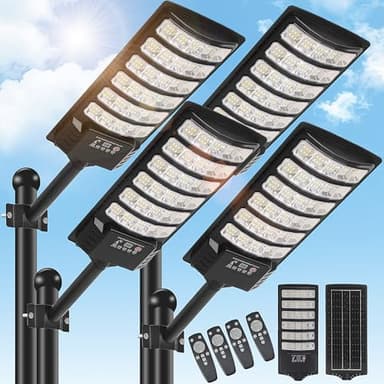 BrightWe 4 Pack Solar Street Light Outdoor 30000LM 6500K Waterproof Motion Sensor LED Solar Powered Flood Light with Remote Control Dusk to Dawn Commercial Area Lighting for Outside Parking Lot