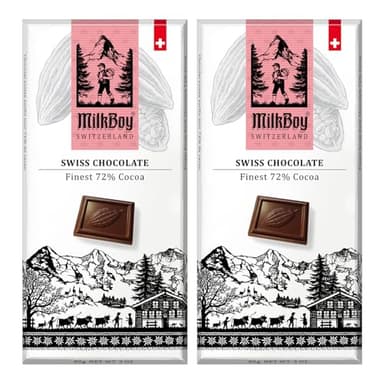 Milkboy Swiss Chocolates Dark Chocolates - 72% Cocoa, Made in Switzerland, Dairy Free, Vegan, Gluten-Free, Non-GMO, Kosher, Sustainably Farmed, European Chocolate - 3 oz, Pack 2