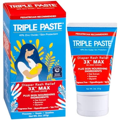 Triple Paste 3X Max Diaper Rash Ointment, Maximum Strength with 40% Zinc Oxide Ointment for Severe Diaper Rash, 2 oz Tube