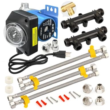 Upgraded Instant Hot Water Recirculation Pump Replacement Kit for watts 0955805 and grundfos 595916, with Programmable Timer – 2 Brass Sensor Valves (595926), 4 Supply Lines, 4 Adapters