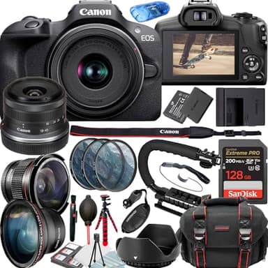 Canon EOS R100 Mirrorless Camera with 18-45mm Lense Video Kit + Filters + Case + 128GB Memory Card + U-Shape Camera Grip + Accessory Bundle (25PC) (Renewed)