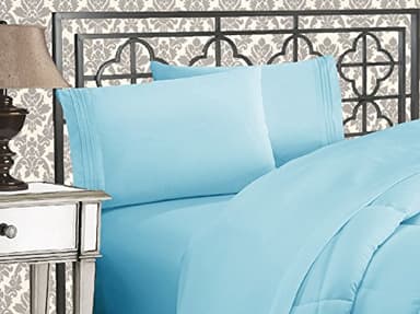 Elegant Comfort Luxurious 1500 Premium Hotel Quality Microfiber Three Line Embroidered Softest 4-Piece Bed Sheet Set, Wrinkle and Fade Resistant, Queen, Aqua Blue