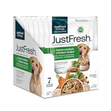 JustFoodForDogs JustFresh Wet Dog Food, Fresh Pet Meals and Toppers with No Preservatives, Resealable Package, Human Grade, Home-Cooked Chicken, 12 oz - 7 Pack