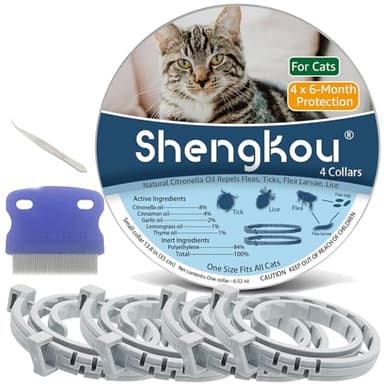Flea and Tick Collar for Cats. Offers 4 * 6 Months of Protection. Made from Quality Essential Oils. Waterproof and Natural. Protects Kittens. Free Flea Comb and Tick Tweezers. (4 Pack - 13.8 inches)
